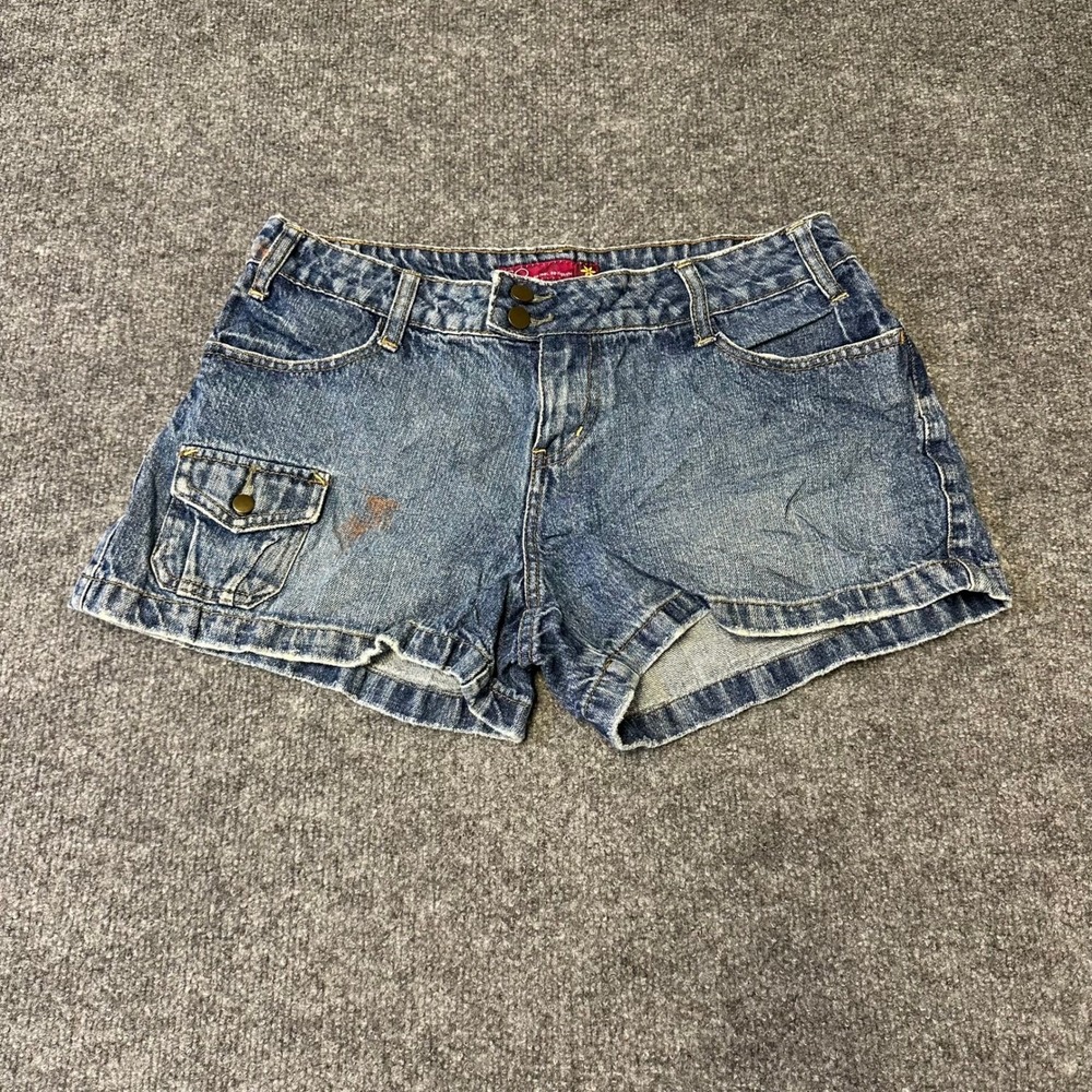 SO Denim Shorts Womens Size 9 Blue Cargo Low Rise Cotton Y2K Utility Stained